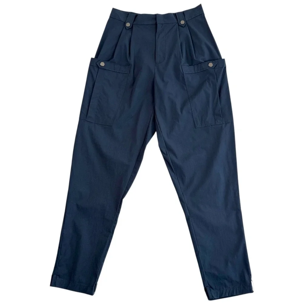 Gentle Herd Womens Utility Cargo Pants Sz M Navy Blue Tapered Pockets Minimalist